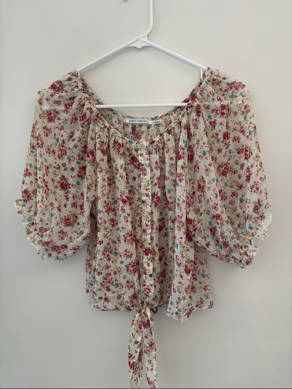Body Central Cream Floral Tie-Hem Peasant Blouse with Pink and Teal Accents